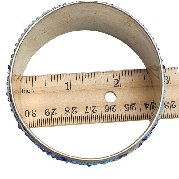 Blue Seed Beads Wide Bangle Bracelet Silver Tone Vintage - Picture 5 of 6